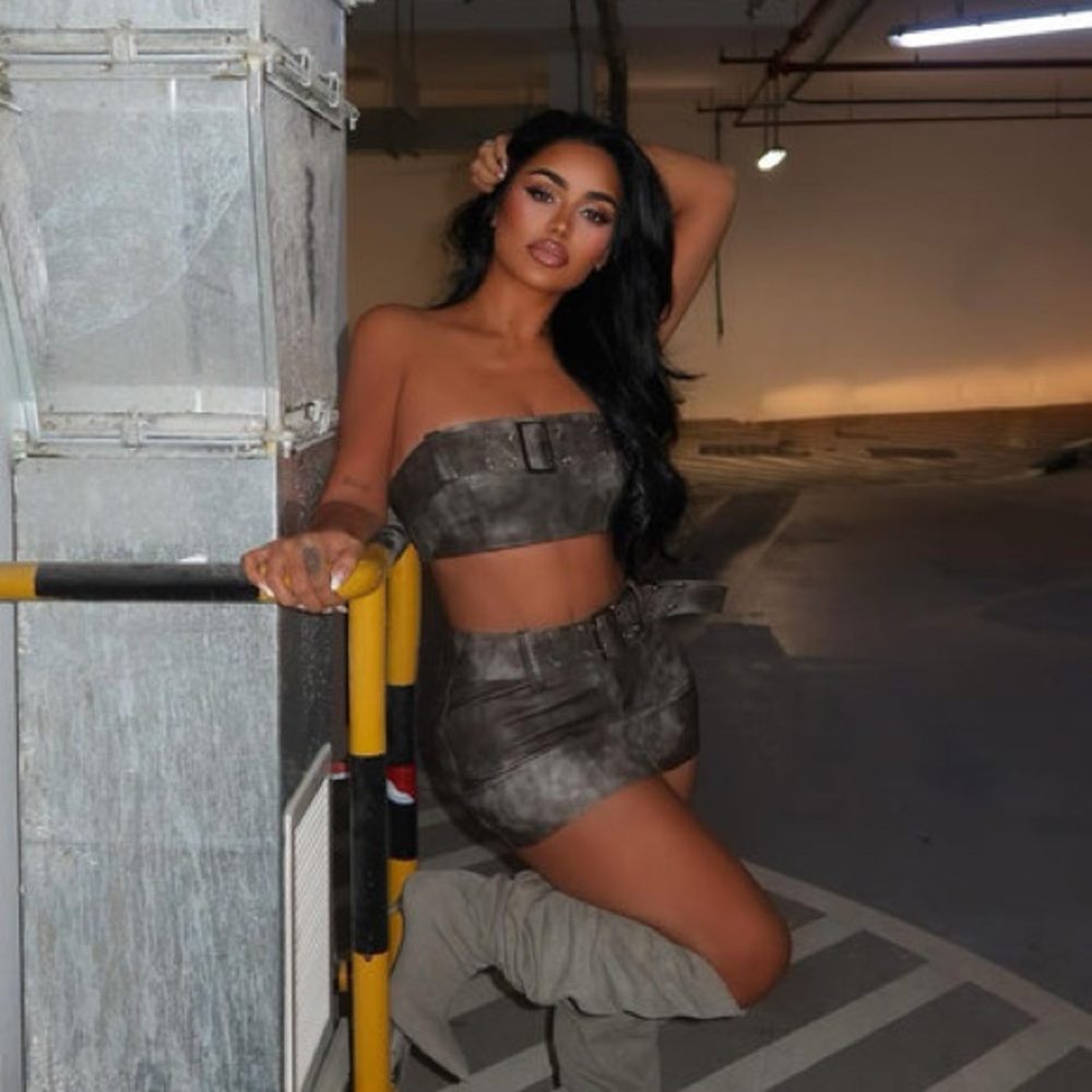 Fashion Nova Olive Green Tie-Dye Mini Skirt 2 Pc Set NWT